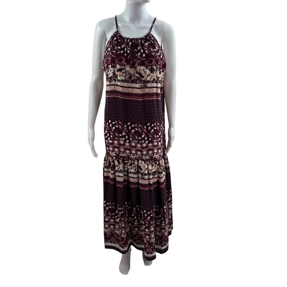Maison Tara Womens 14 Boho Maxi Floral Geometric Halter Burgundy Dress Fairycore